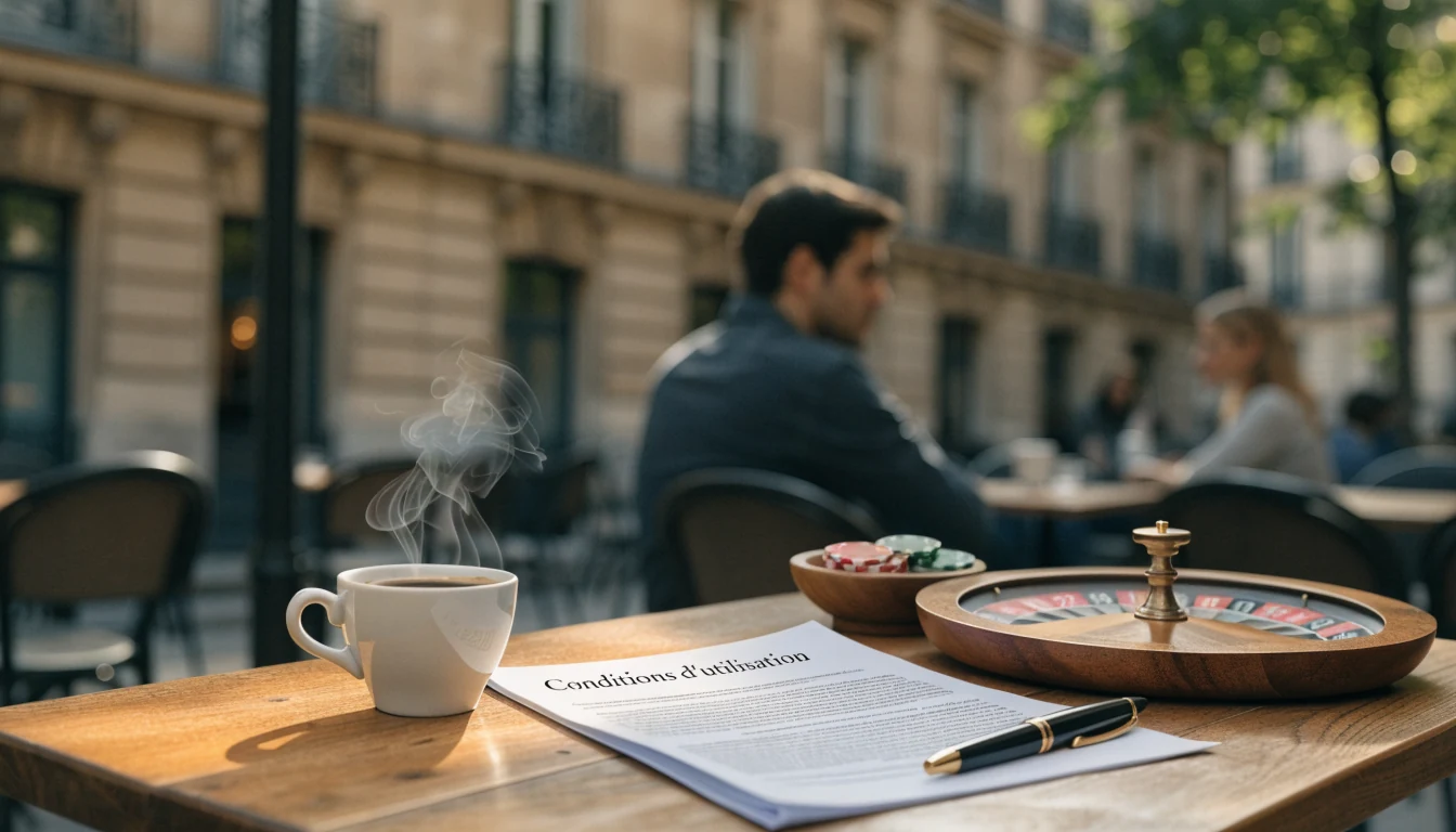 Table de café avec café, documents légaux et jetons de casino