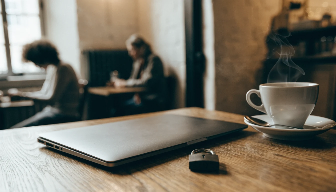 Café français avec ordinateur fermé et tasse de café, ambiance confidentialité.