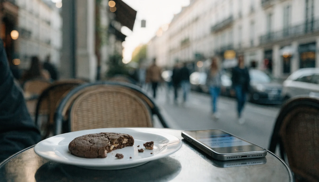 Table de café français avec cookie et smartphone