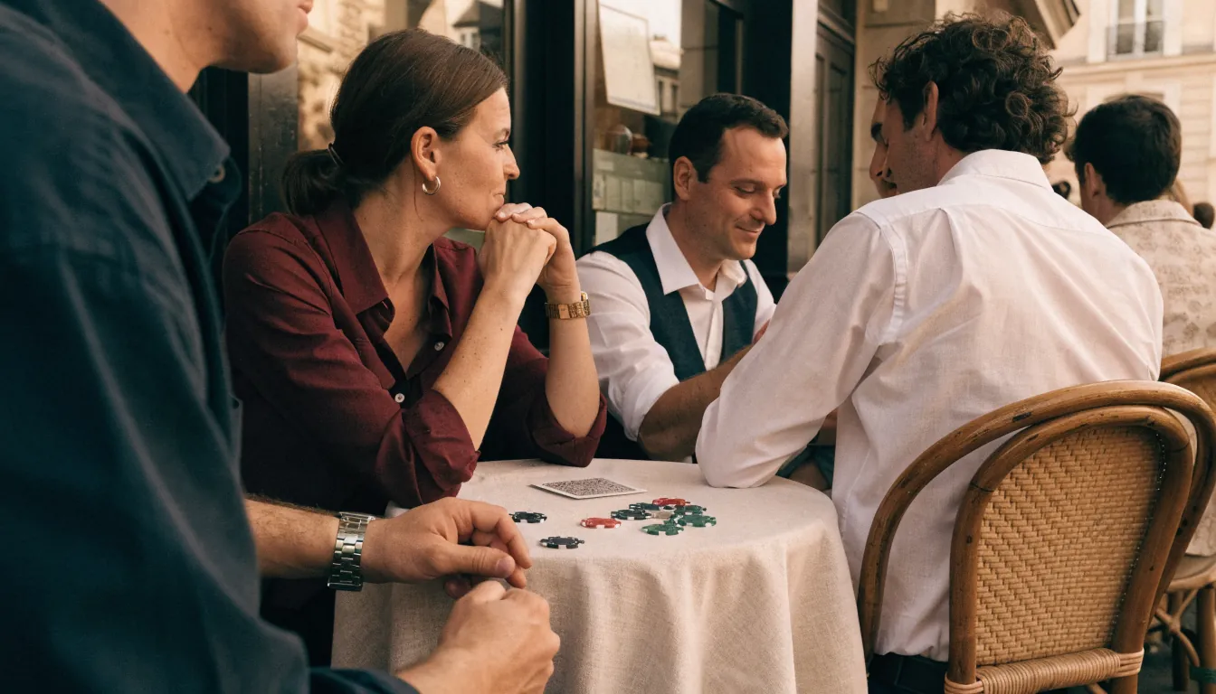 Amis jouant au poker avec jetons dans un café