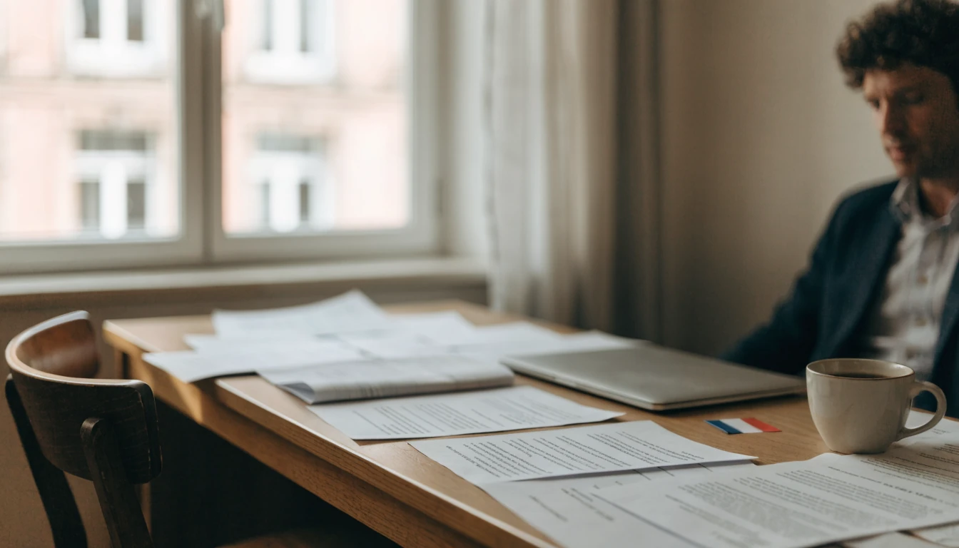 Bureau français avec documents légaux, lumière naturelle douce, tasse café.