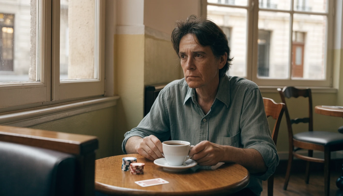 Personne réfléchissant avec des jetons de poker dans un café français.