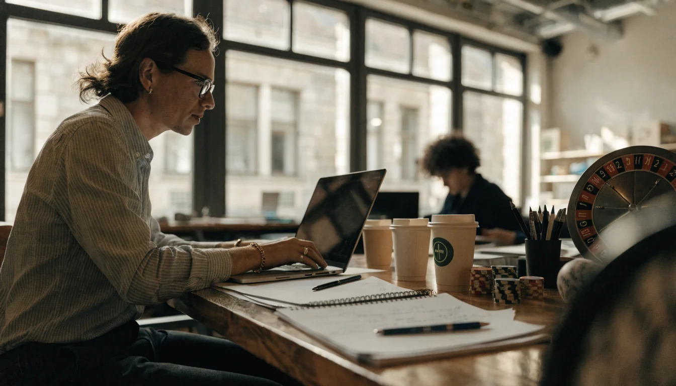 Photo d'un espace de travail français avec laptop, café, jetons de jeu.